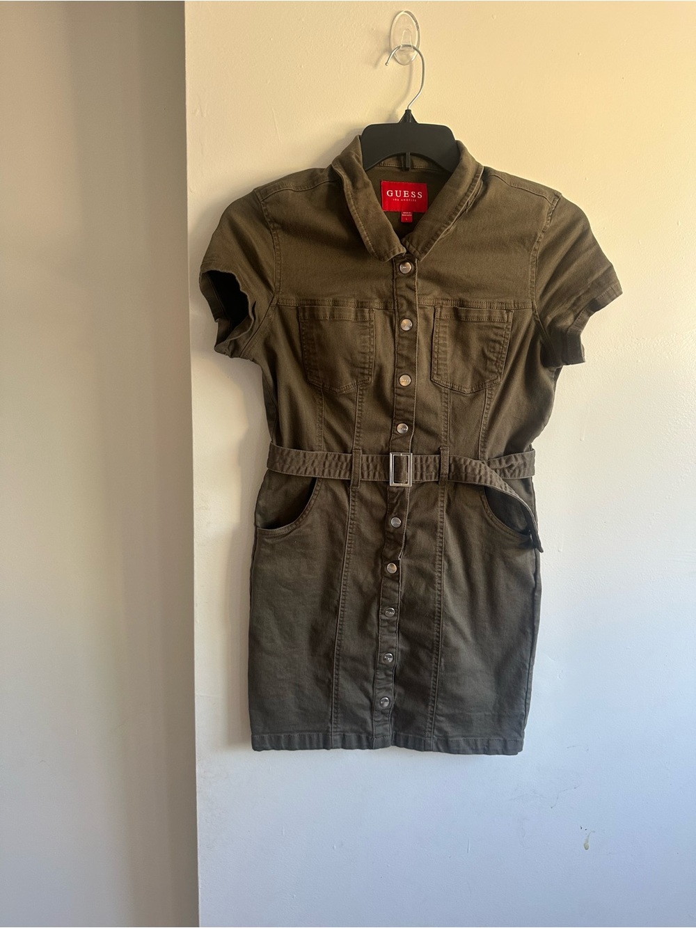GUESS Olive Utility Button-Front Belted Mini Dress
